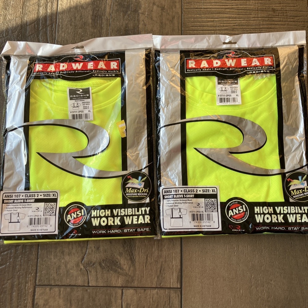 Lot Of 2 Saftey Green High Visibility Radians Radwear Short Sleeve Shirt XL
